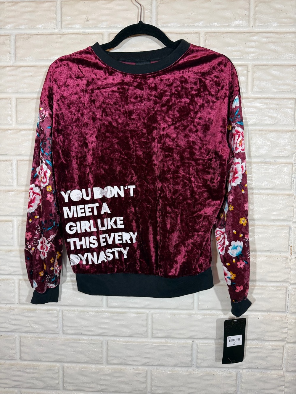 Disney Mulan Burgundy Velvet Floral Sweatshirt XS Princess NWT